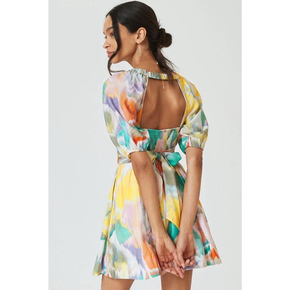 Anthropologie Swingy Rainbow Tie Dye Puff Sleeve Smocked Flirty Mini Dress Sz XS - Picture 2 of 9